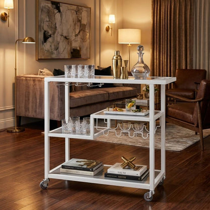 Gray and White Metal And Glass Rolling Bar Cart With Wine Storage HomeRoots