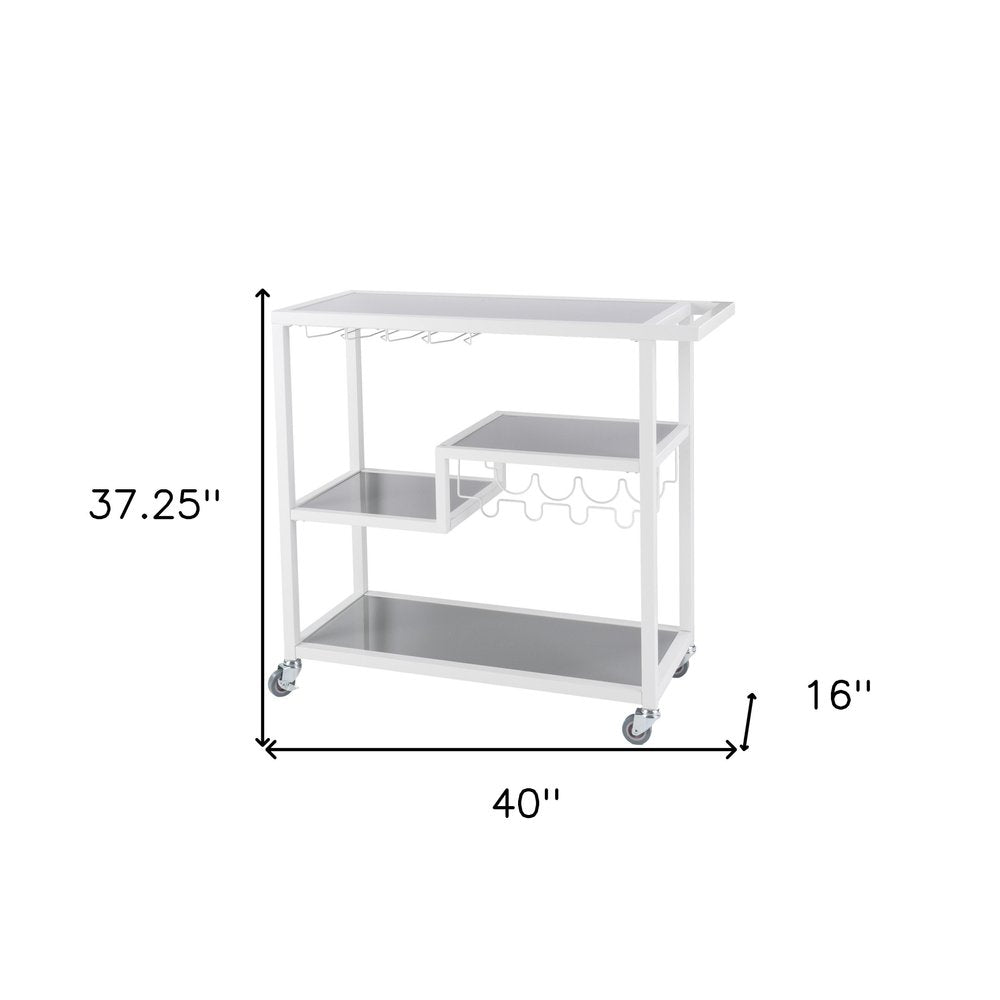 Gray and White Metal And Glass Rolling Bar Cart With Wine Storage — view 2