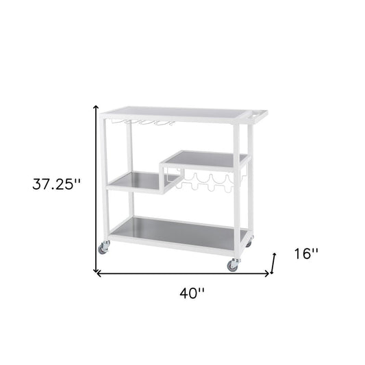 Gray and White Metal And Glass Rolling Bar Cart With Wine Storage HomeRoots