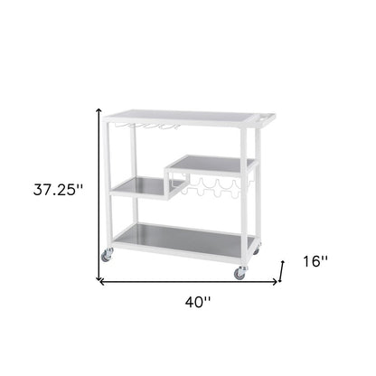 Gray and White Metal And Glass Rolling Bar Cart With Wine Storage HomeRoots