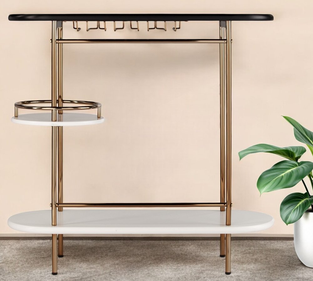 Gold Black and White Metal Oval Bar Cart With Wine Storage HomeRoots