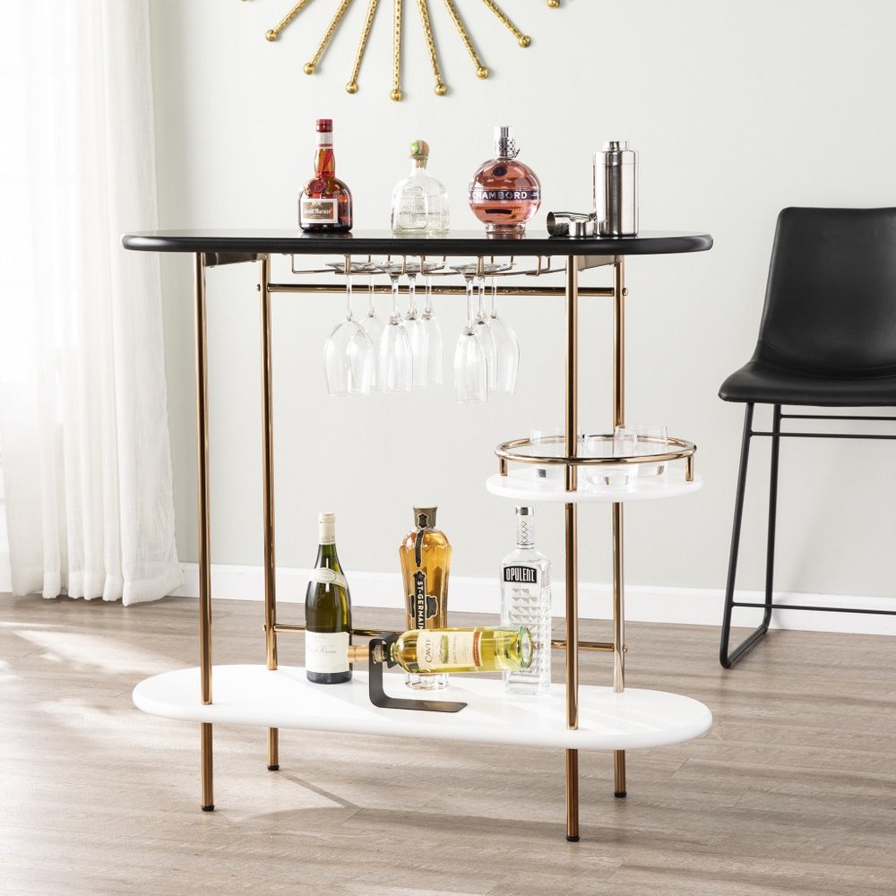 Gold Black and White Metal Oval Bar Cart With Wine Storage HomeRoots