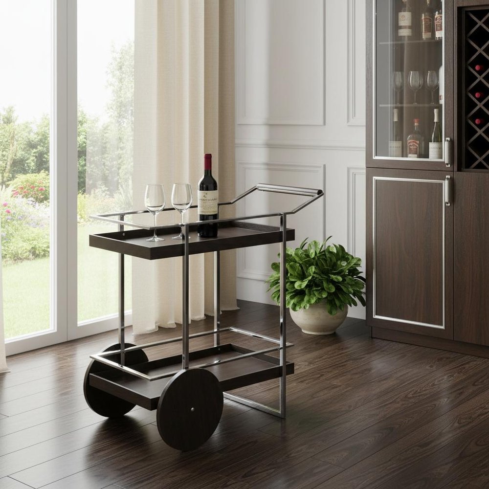 34" Brown And Silver Iron and Wood Rolling Bar Cart HomeRoots