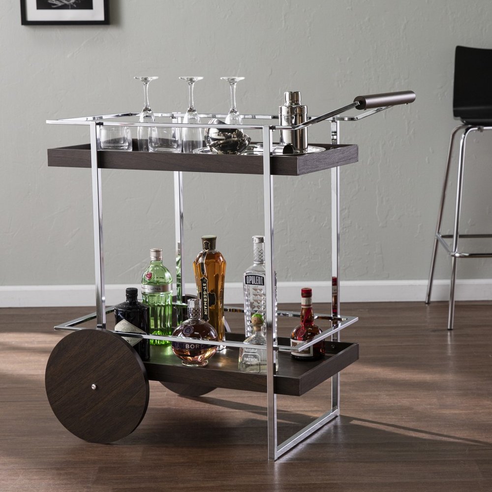 34" Brown And Silver Iron and Wood Rolling Bar Cart HomeRoots