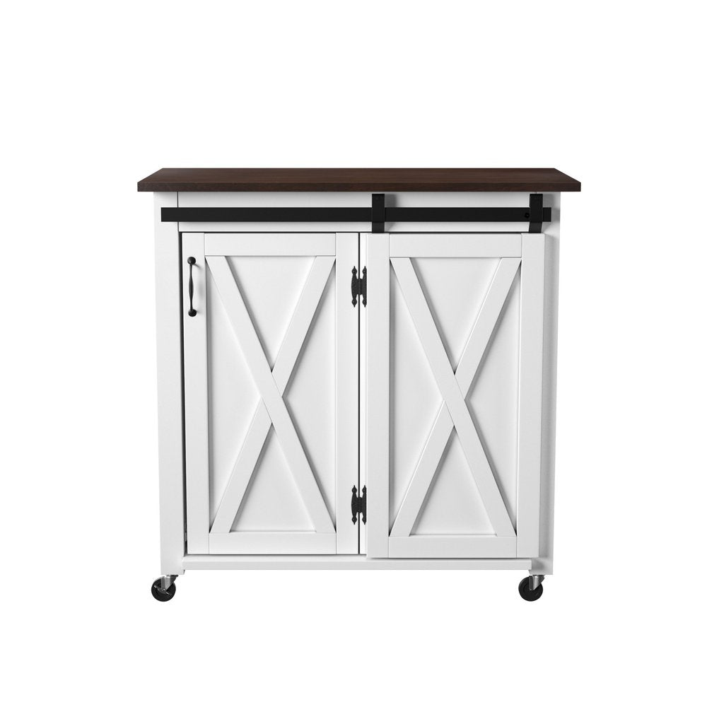 35" Dark Brown and White Wood Rolling Kitchen Cart — view 1