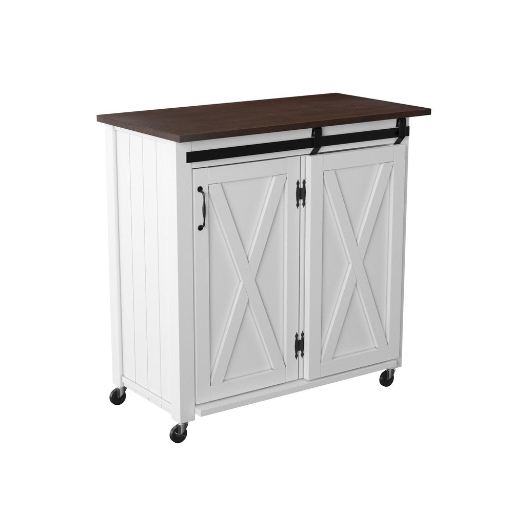 35" Dark Brown and White Wood Rolling Kitchen Cart HomeRoots