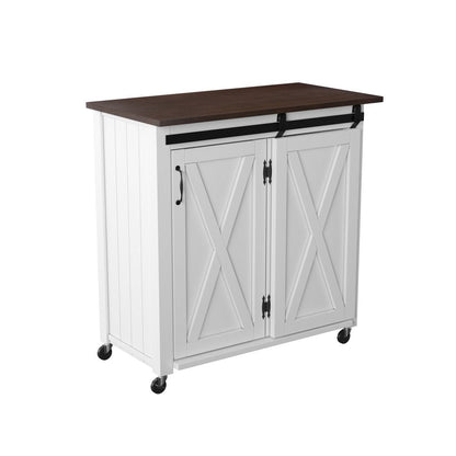 35" Dark Brown and White Wood Rolling Kitchen Cart HomeRoots