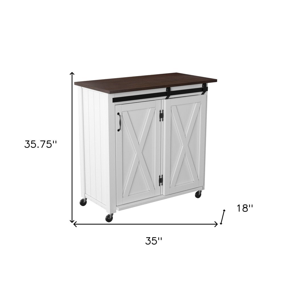 35" Dark Brown and White Wood Rolling Kitchen Cart HomeRoots
