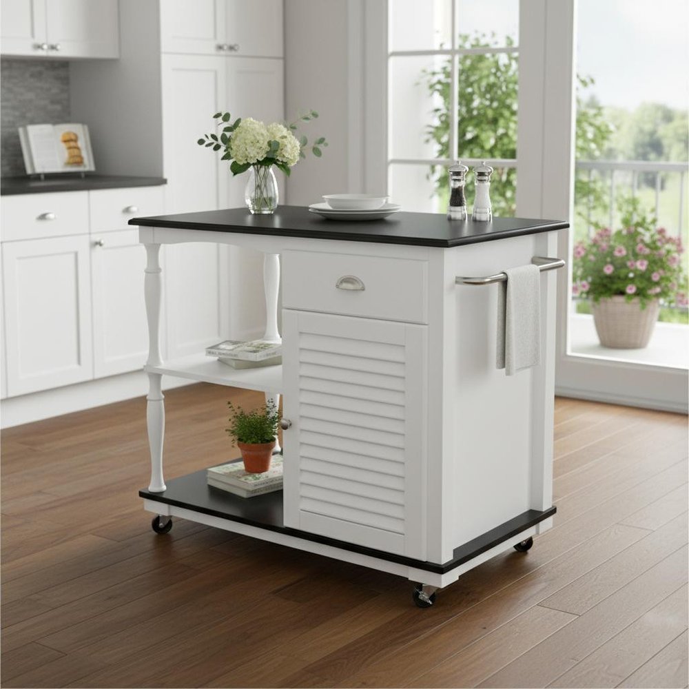 Black and White and Black 39" Rolling Kitchen Island With Storage HomeRoots
