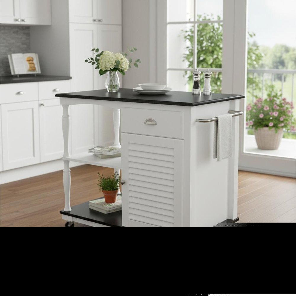 Black and White and Black 39" Rolling Kitchen Island With Storage HomeRoots