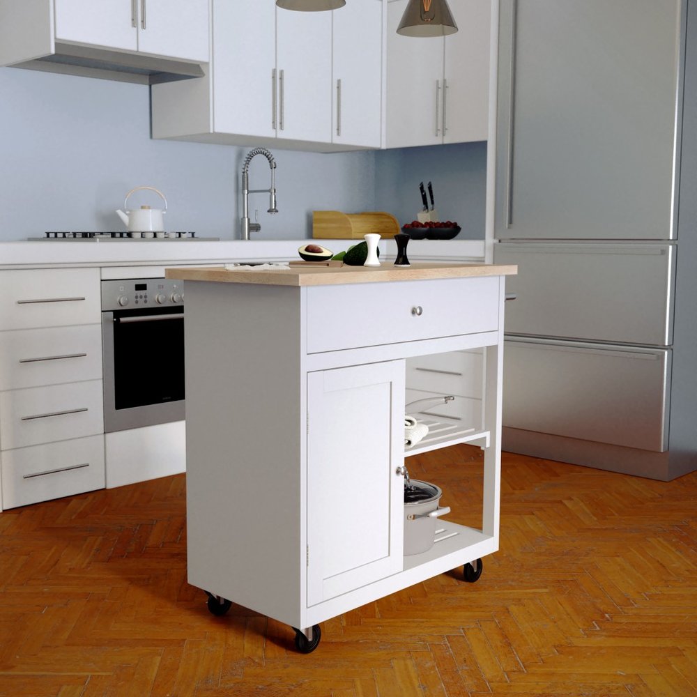 Gray and Natural 35" Rolling Kitchen Island With Storage HomeRoots
