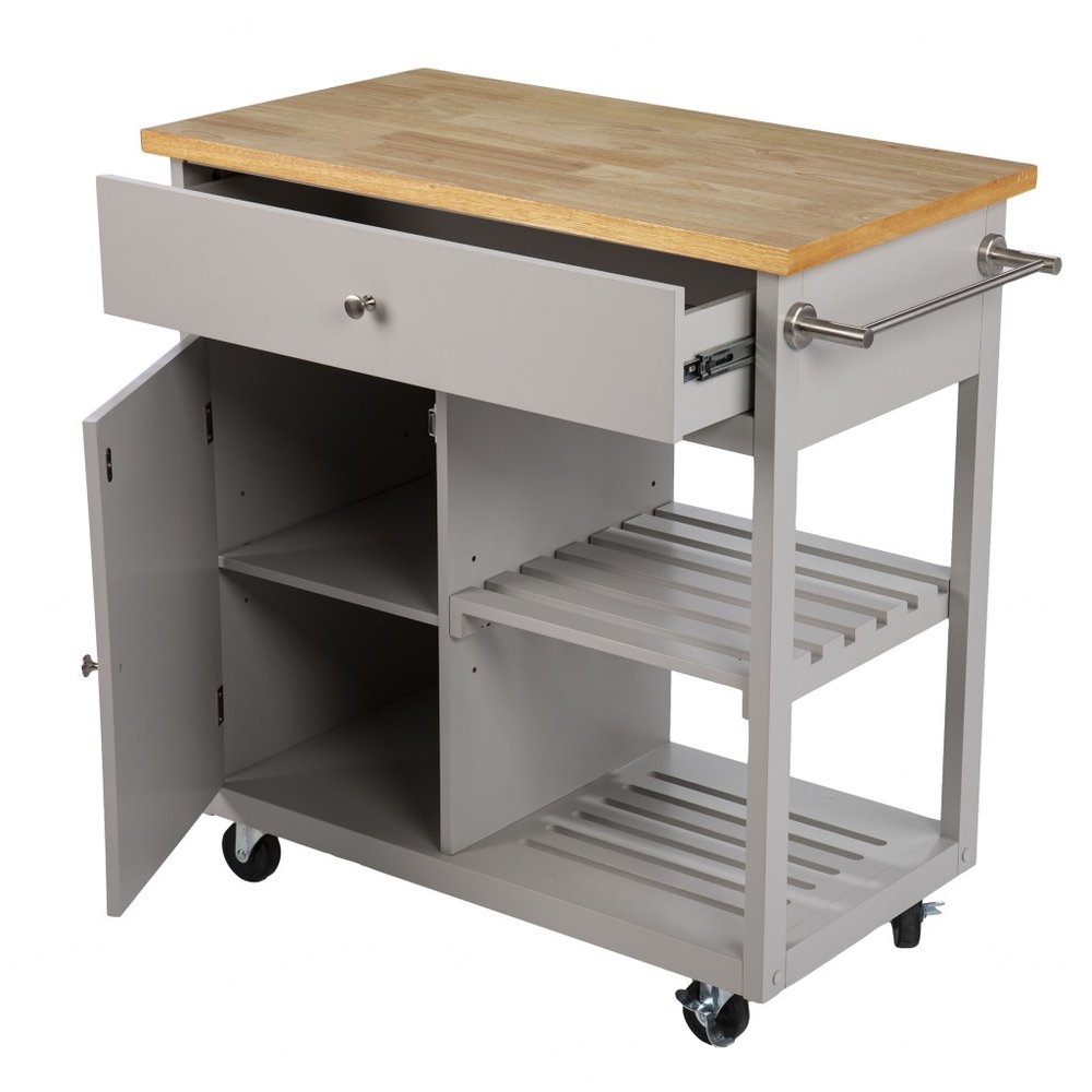 Gray and Natural 35" Rolling Kitchen Island With Storage HomeRoots