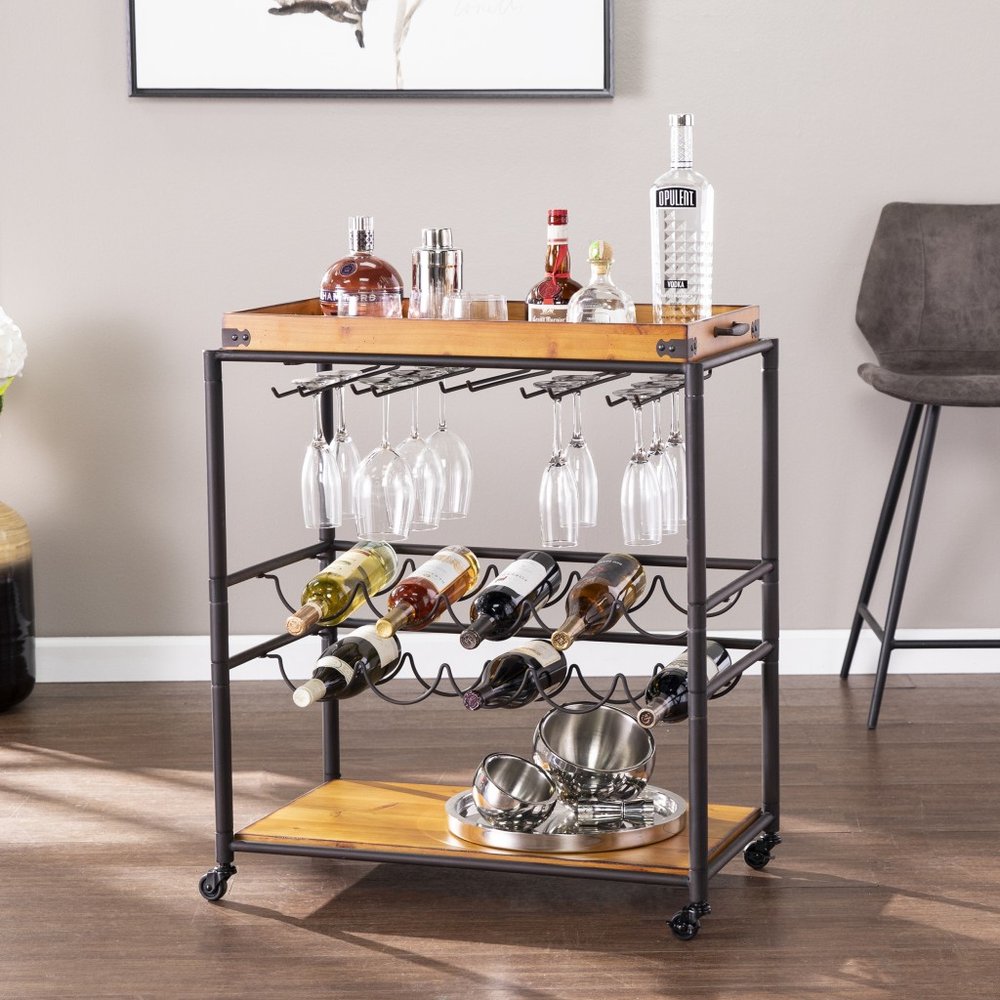 Brown and Black Metal And Solid Wood Rolling Bar Cart With Wine Storage HomeRoots