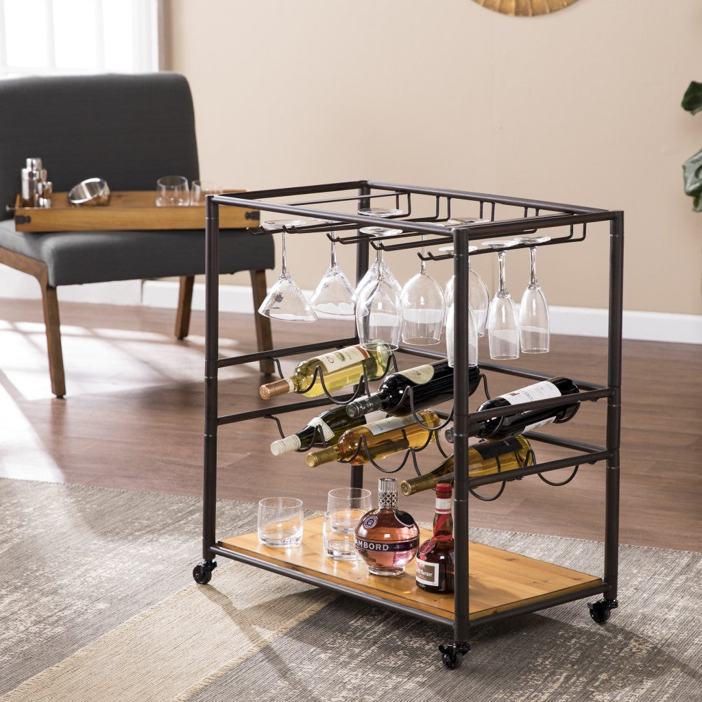 Brown and Black Metal And Solid Wood Rolling Bar Cart With Wine Storage