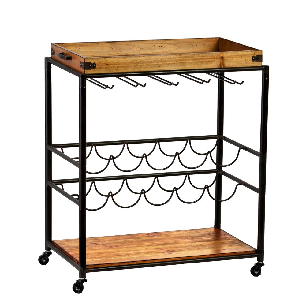 Brown and Black Metal And Solid Wood Rolling Bar Cart With Wine Storage HomeRoots