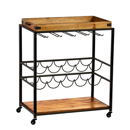 Brown and Black Metal And Solid Wood Rolling Bar Cart With Wine Storage HomeRoots