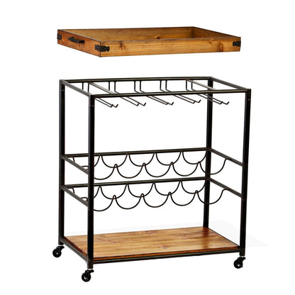 Brown and Black Metal And Solid Wood Rolling Bar Cart With Wine Storage HomeRoots