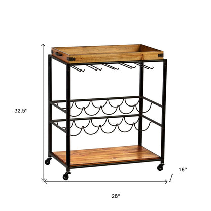 Brown and Black Metal And Solid Wood Rolling Bar Cart With Wine Storage HomeRoots