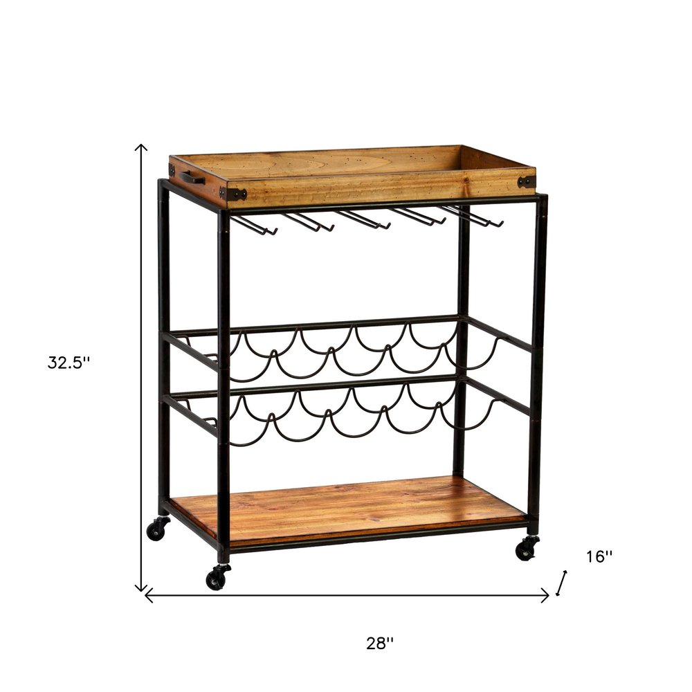 Brown and Black Metal And Solid Wood Rolling Bar Cart With Wine Storage HomeRoots