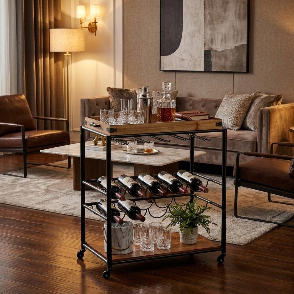 Brown and Black Metal And Solid Wood Rolling Bar Cart With Wine Storage HomeRoots