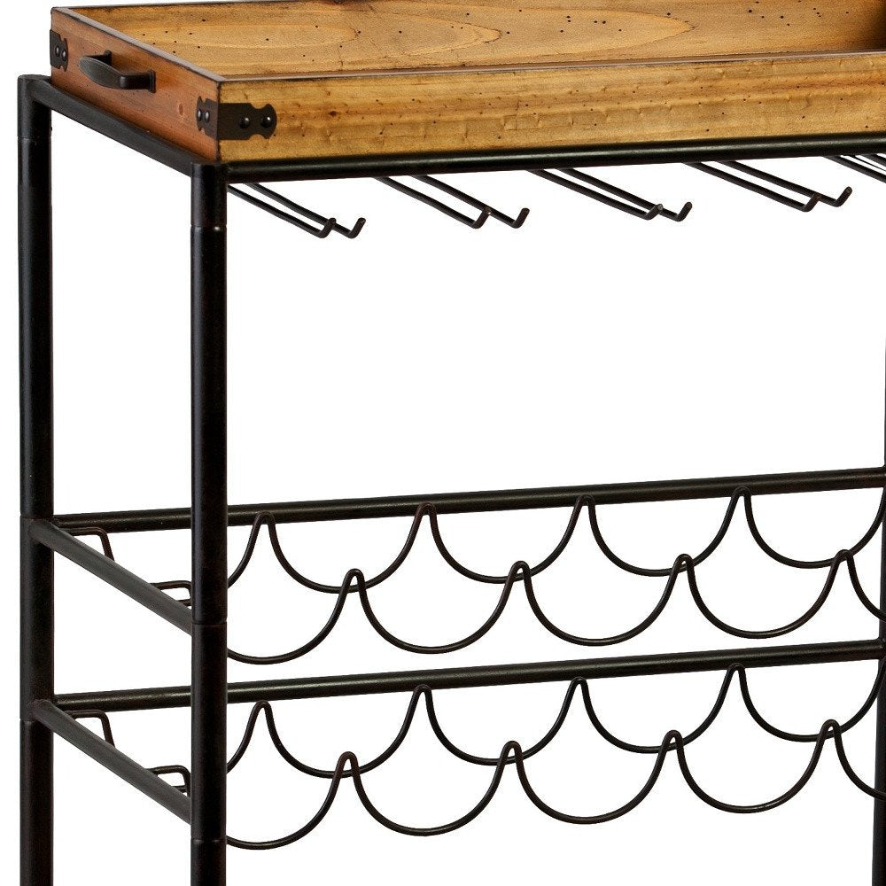 Brown and Black Metal And Solid Wood Rolling Bar Cart With Wine Storage HomeRoots