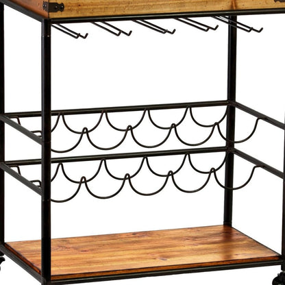 Brown and Black Metal And Solid Wood Rolling Bar Cart With Wine Storage HomeRoots