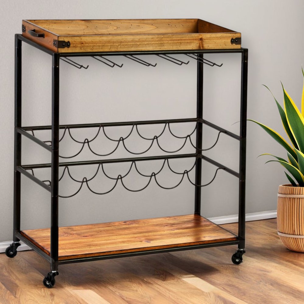 Brown and Black Metal And Solid Wood Rolling Bar Cart With Wine Storage HomeRoots