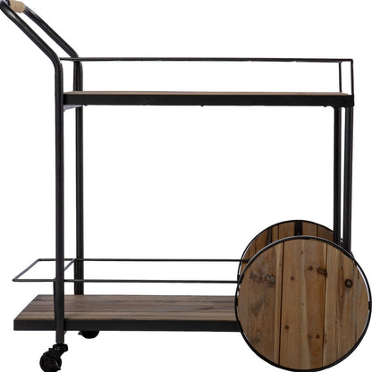 Natural and Black Iron And Reclaimed Wood Rolling Bar Cart With Wine Storage