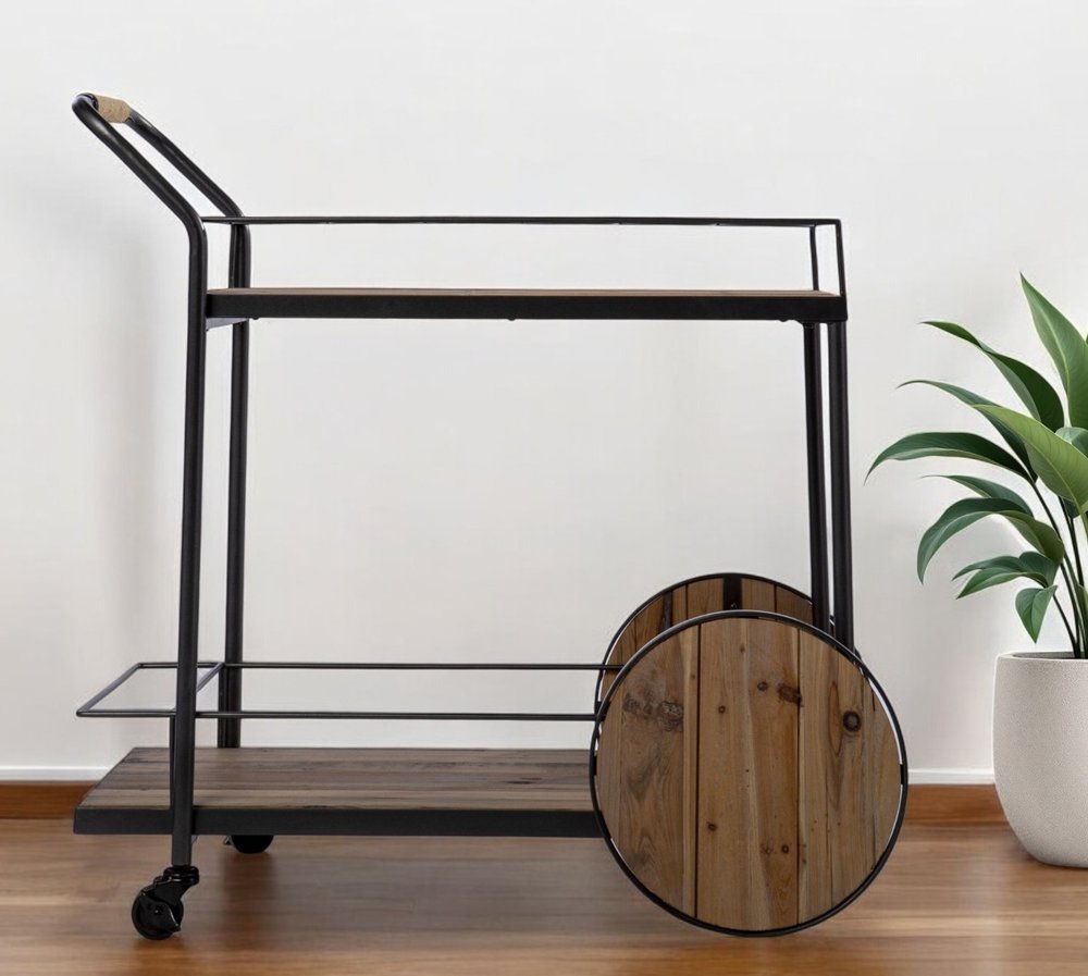 Natural and Black Iron And Reclaimed Wood Rolling Bar Cart With Wine Storage HomeRoots