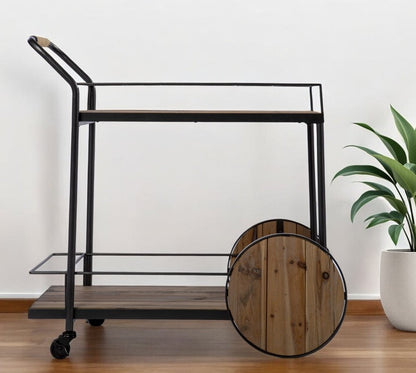 Natural and Black Iron And Reclaimed Wood Rolling Bar Cart With Wine Storage HomeRoots