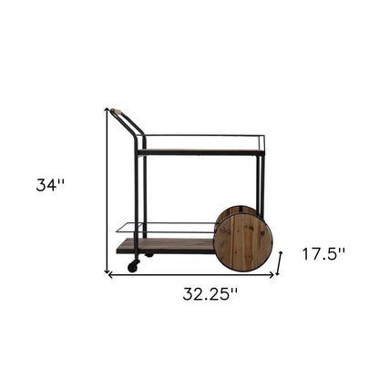 Natural and Black Iron And Reclaimed Wood Rolling Bar Cart With Wine Storage HomeRoots