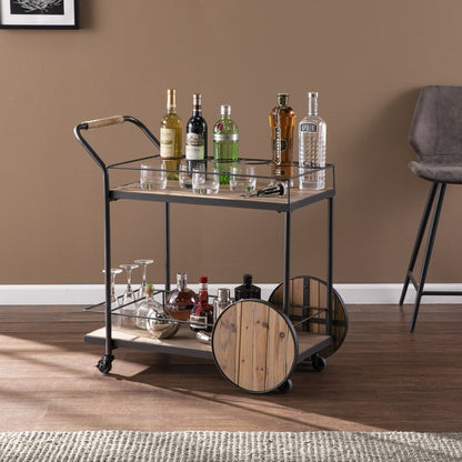 Natural and Black Iron And Reclaimed Wood Rolling Bar Cart With Wine Storage HomeRoots