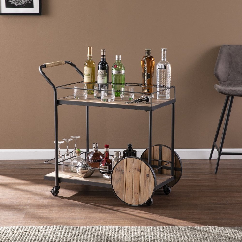 Natural and Black Iron And Reclaimed Wood Rolling Bar Cart With Wine Storage HomeRoots