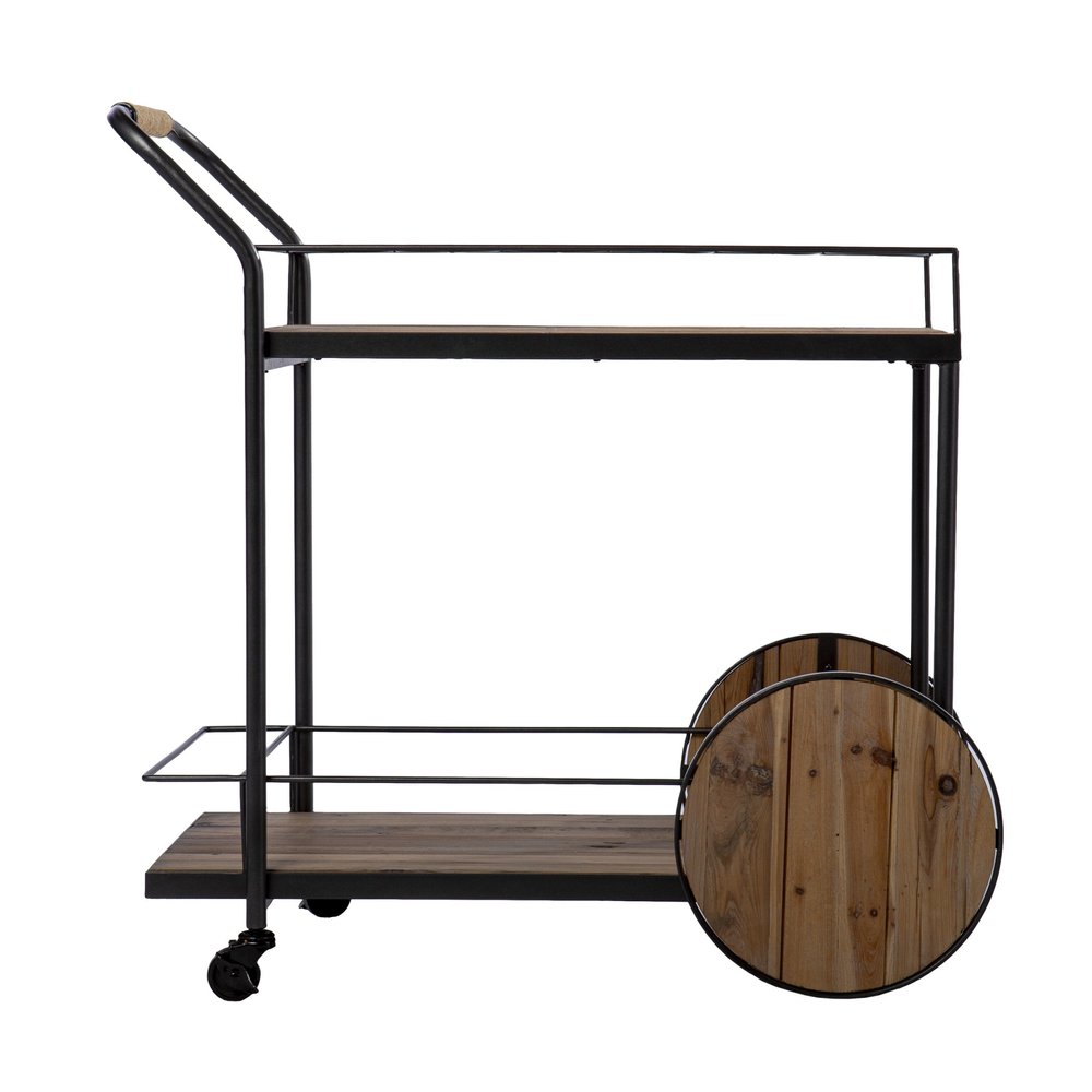 Natural and Black Iron And Reclaimed Wood Rolling Bar Cart With Wine Storage HomeRoots