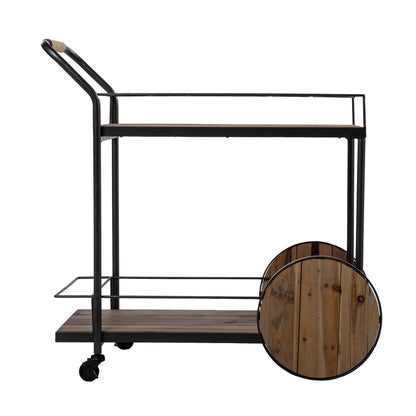 Natural and Black Iron And Reclaimed Wood Rolling Bar Cart With Wine Storage HomeRoots