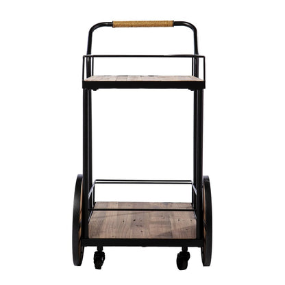 Natural and Black Iron And Reclaimed Wood Rolling Bar Cart With Wine Storage HomeRoots