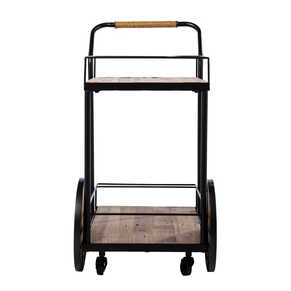 Natural and Black Iron And Reclaimed Wood Rolling Bar Cart With Wine Storage HomeRoots