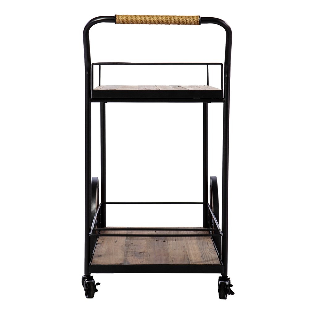 Natural and Black Iron And Reclaimed Wood Rolling Bar Cart With Wine Storage HomeRoots