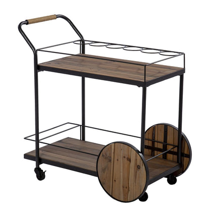Natural and Black Iron And Reclaimed Wood Rolling Bar Cart With Wine Storage HomeRoots