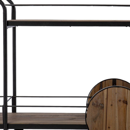 Natural and Black Iron And Reclaimed Wood Rolling Bar Cart With Wine Storage HomeRoots