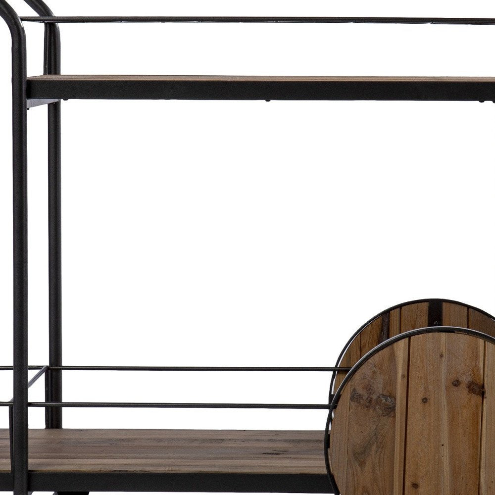 Natural and Black Iron And Reclaimed Wood Rolling Bar Cart With Wine Storage HomeRoots