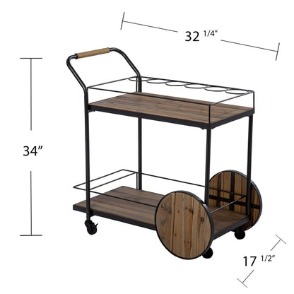 Natural and Black Iron And Reclaimed Wood Rolling Bar Cart With Wine Storage HomeRoots