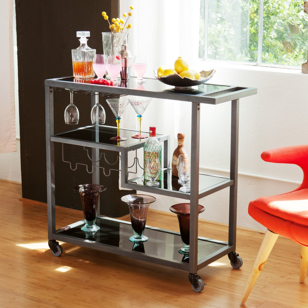 Black and Gray Glass Rolling Bar Cart With Wine Storage