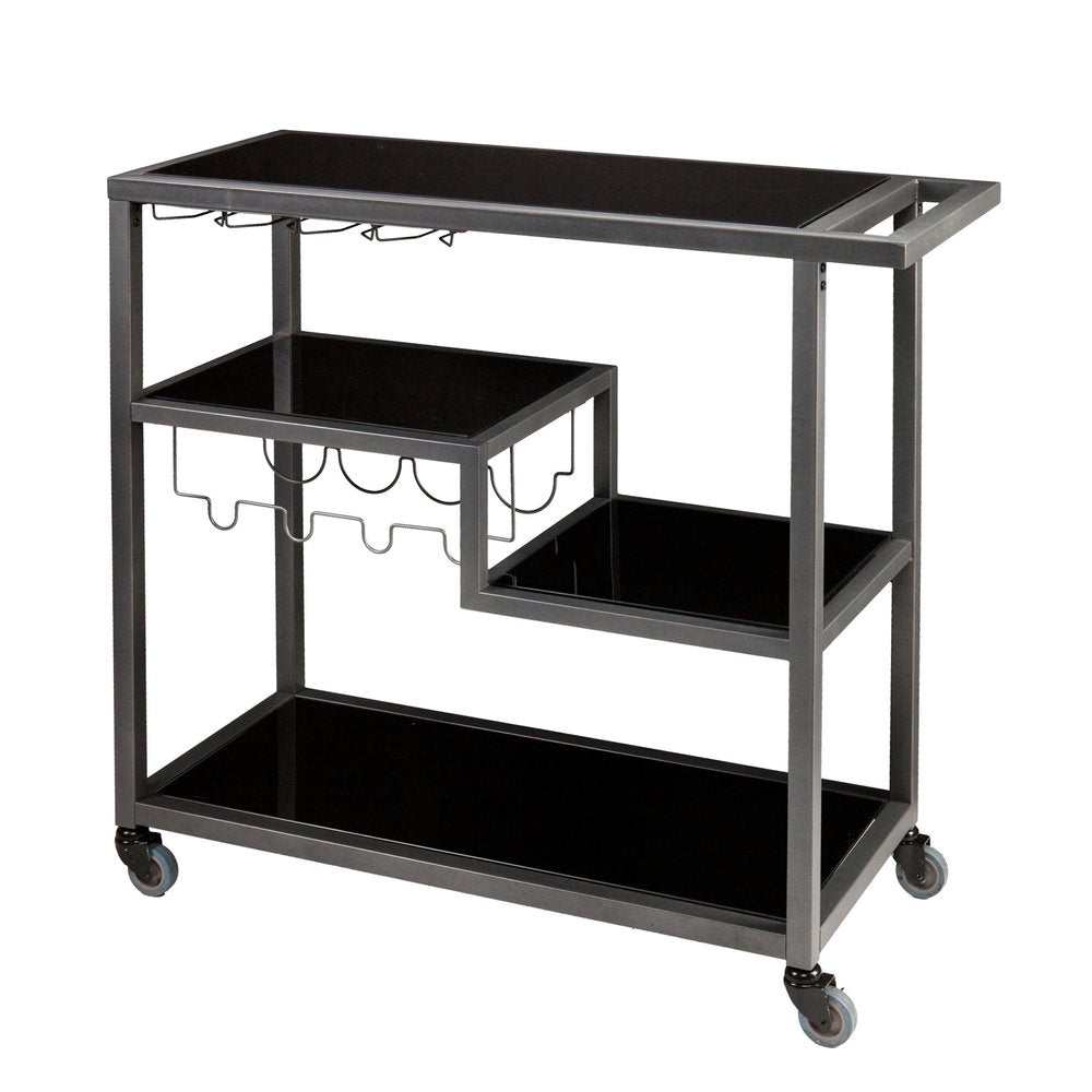 Black and Gray Glass Rolling Bar Cart With Wine Storage HomeRoots