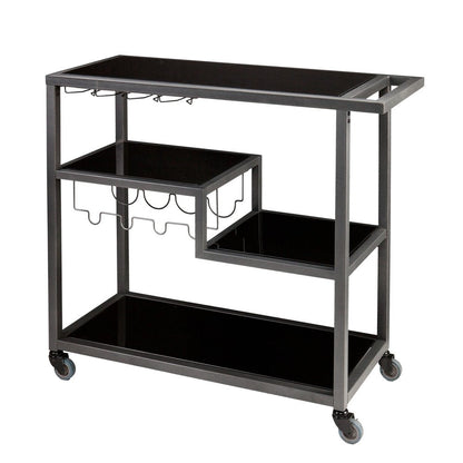 Black and Gray Glass Rolling Bar Cart With Wine Storage HomeRoots
