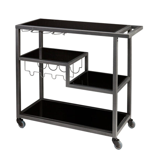 Black and Gray Glass Rolling Bar Cart With Wine Storage HomeRoots