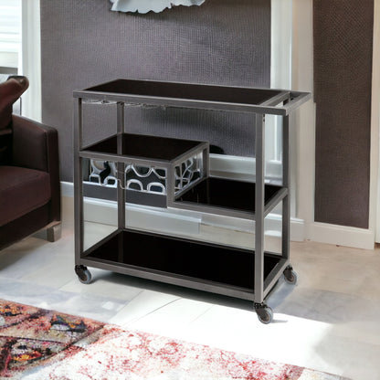 Black and Gray Glass Rolling Bar Cart With Wine Storage