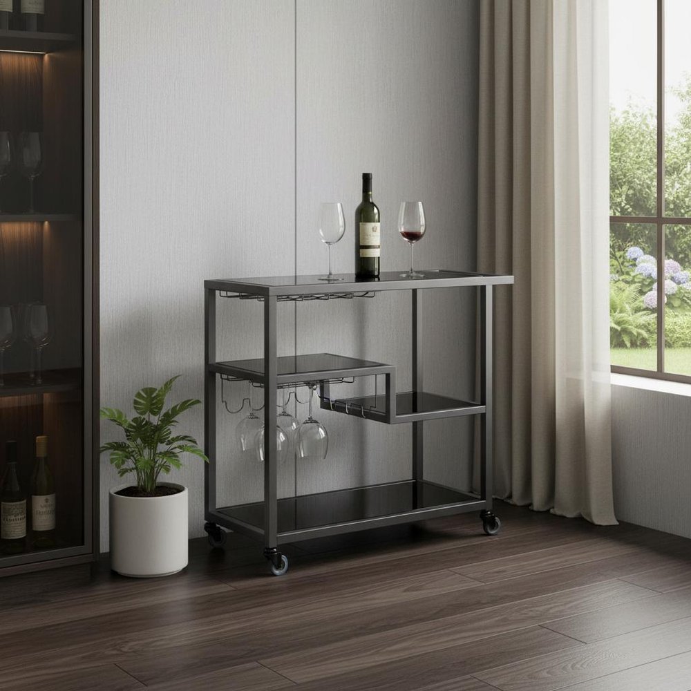 Black and Gray Glass Rolling Bar Cart With Wine Storage HomeRoots