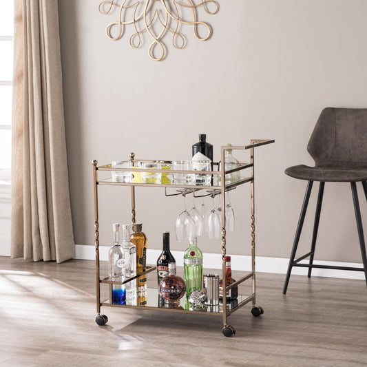 Champagne Metal And Mirrored Glass Bar Cart With Wine Storage