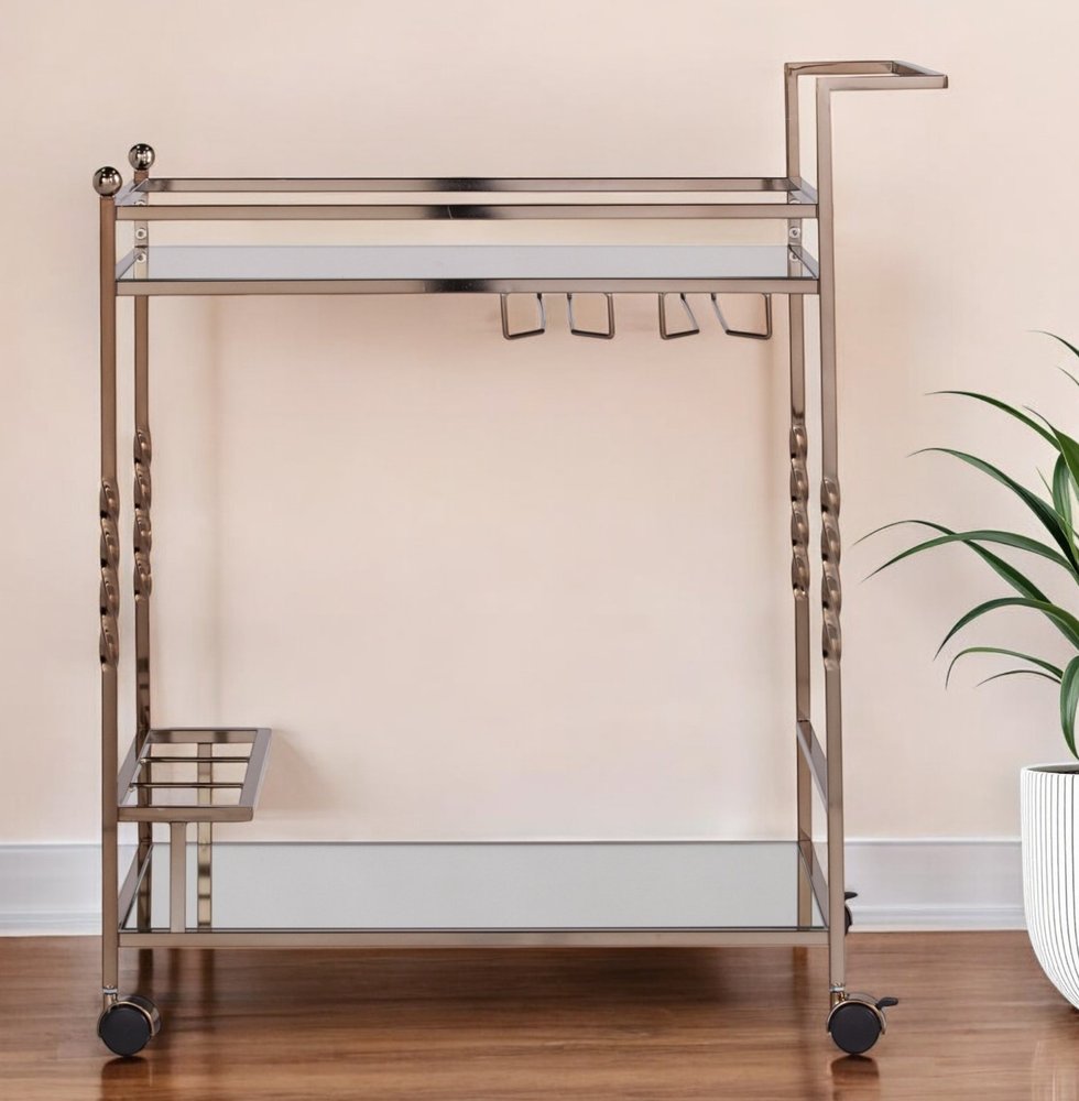 Champagne Metal And Mirrored Glass Rolling Bar Cart With Wine Storage HomeRoots
